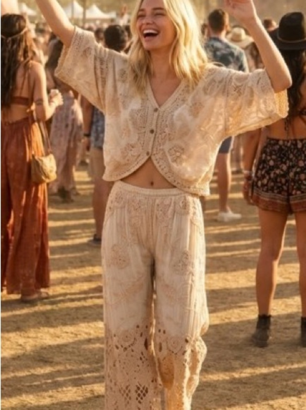 Boho Heirloom 2 Piece Crochet Embroidered Wide-Leg Pants Set in Cream
